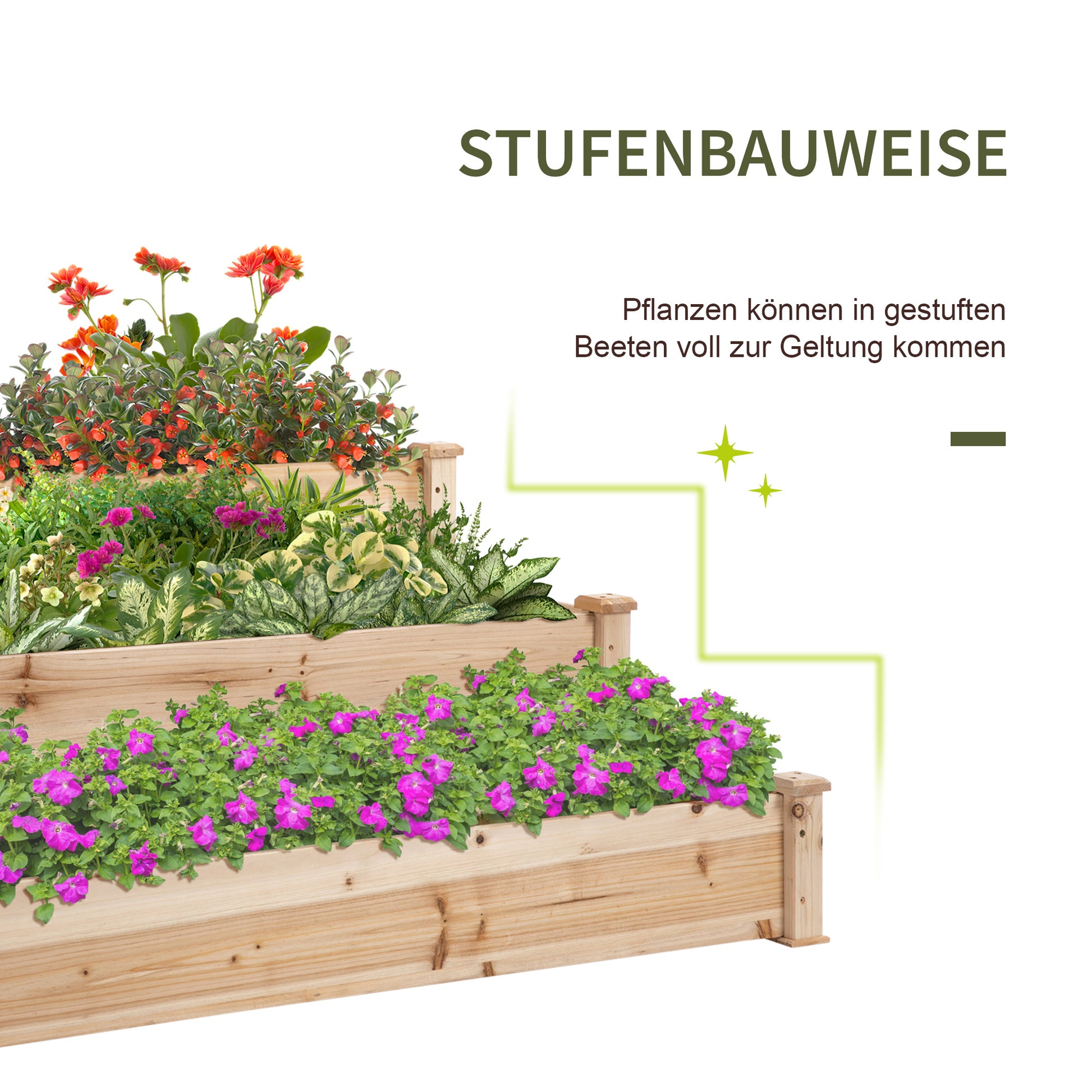 Raised Bed 3-Tier Garden Planter Herb Planter Flower Staircase for Balcony Garden Natural Pine Wood 120 x 120 x 56 cm