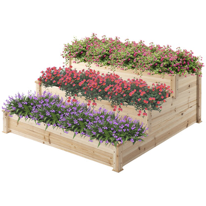 Raised Bed 3-Tier Garden Planter Herb Planter Flower Staircase for Balcony Garden Natural Pine Wood 120 x 120 x 56 cm