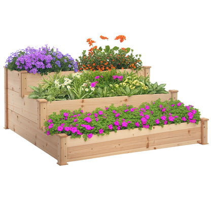 Raised Bed 3-Tier Garden Planter Herb Planter Flower Staircase for Balcony Garden Natural Pine Wood 120 x 120 x 56 cm