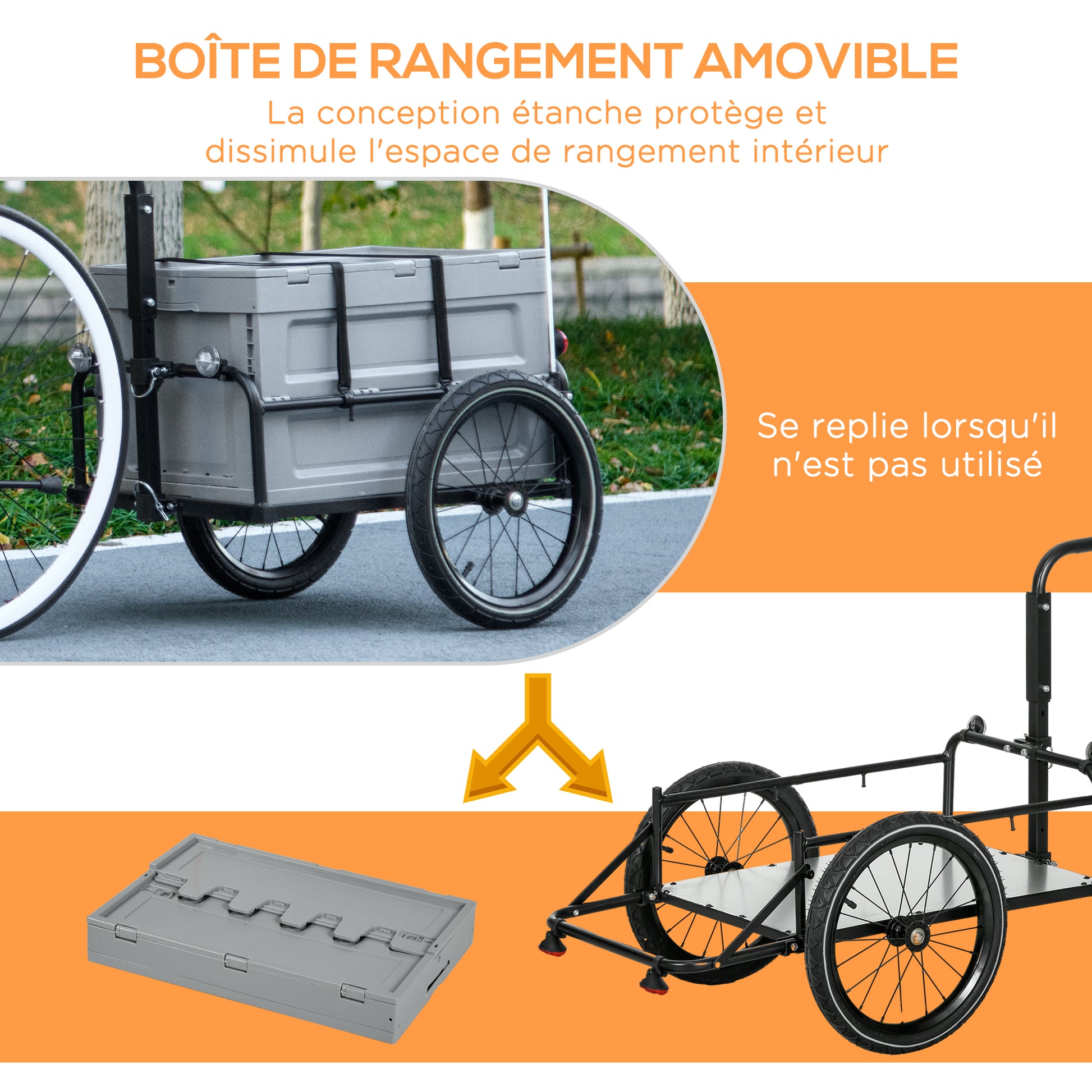 Bike Trailer with Detachable and Foldable 65L Storage Box, Safety Reflectors and Tires, Maximum Load 40KG, Gray