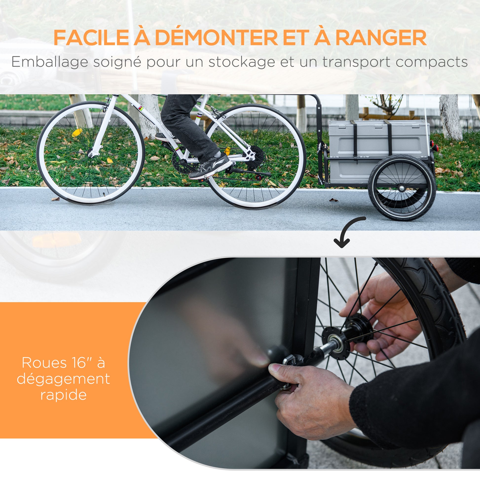 Bike Trailer with Detachable and Foldable 65L Storage Box, Safety Reflectors and Tires, Maximum Load 40KG, Gray