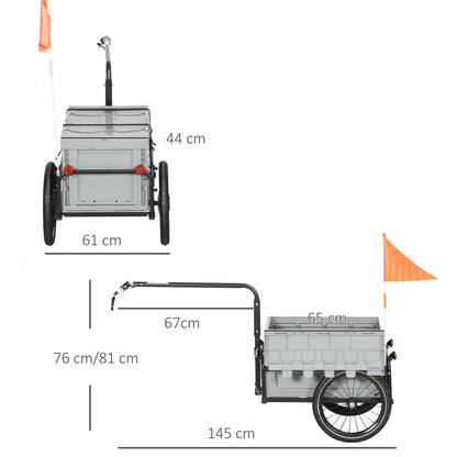 Bike Trailer with Detachable and Foldable 65L Storage Box, Safety Reflectors and Tires, Maximum Load 40KG, Gray