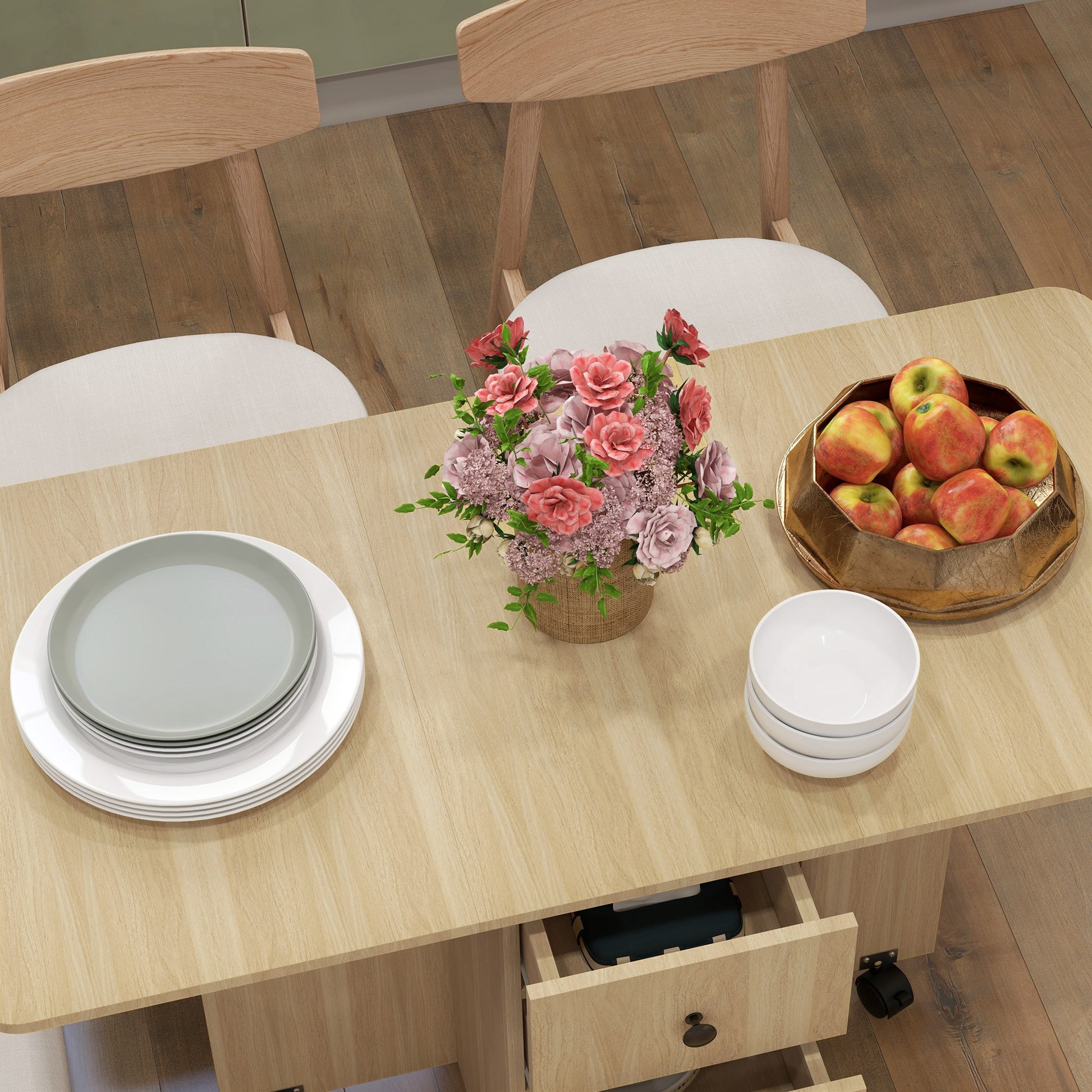 Folding Dining Table Kitchen Table with Wheels Foldable Wings Drawers and Cabinet for 4-6 People 120x60x76.5 cm Natural