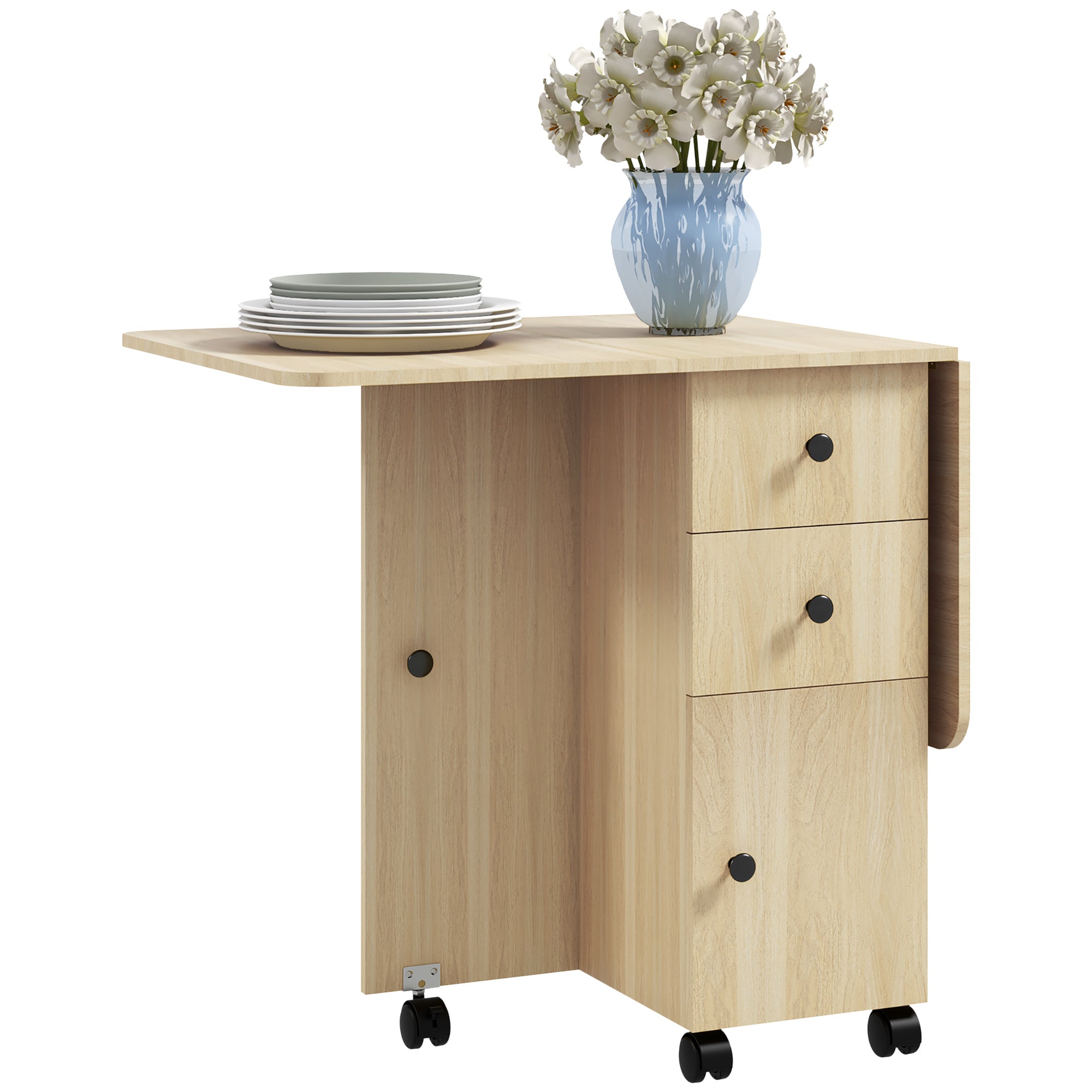 Folding Dining Table Kitchen Table with Wheels Foldable Wings Drawers and Cabinet for 4-6 People 120x60x76.5 cm Natural