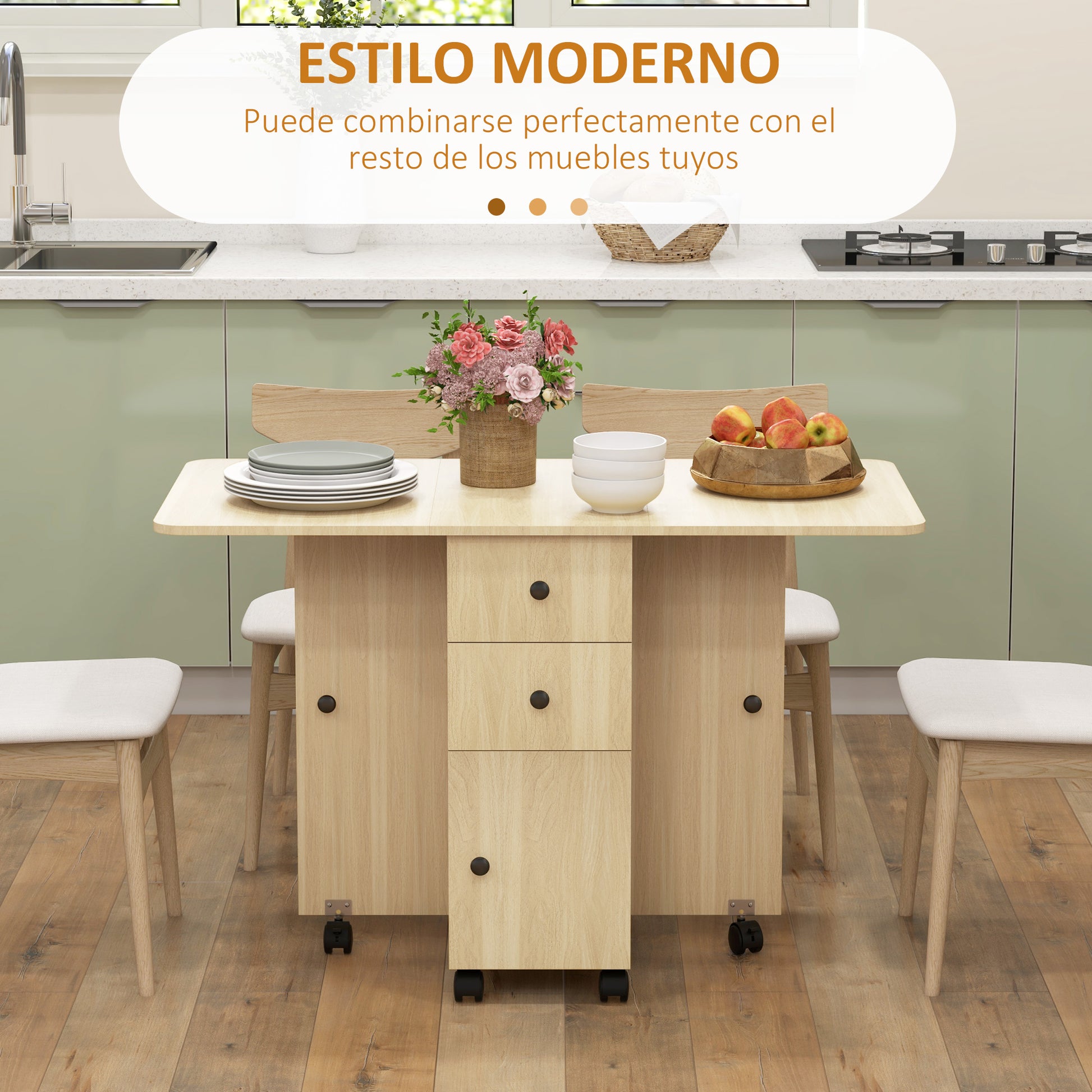 Folding Dining Table Kitchen Table with Wheels Foldable Wings Drawers and Cabinet for 4-6 People 120x60x76.5 cm Natural