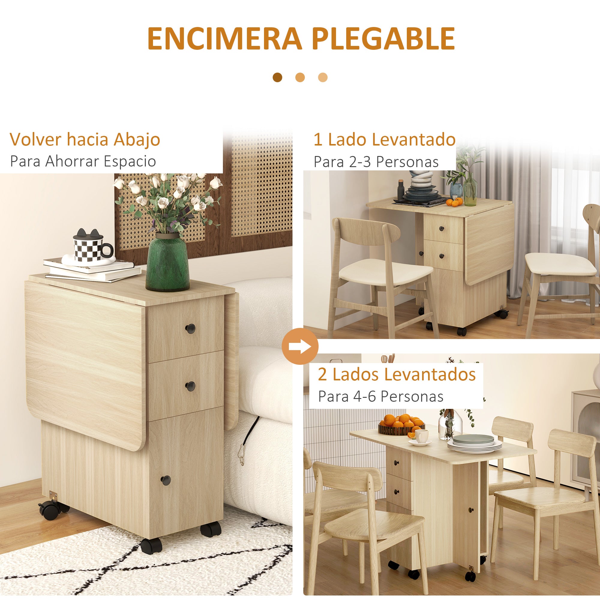 Folding Dining Table Kitchen Table with Wheels Foldable Wings Drawers and Cabinet for 4-6 People 120x60x76.5 cm Natural