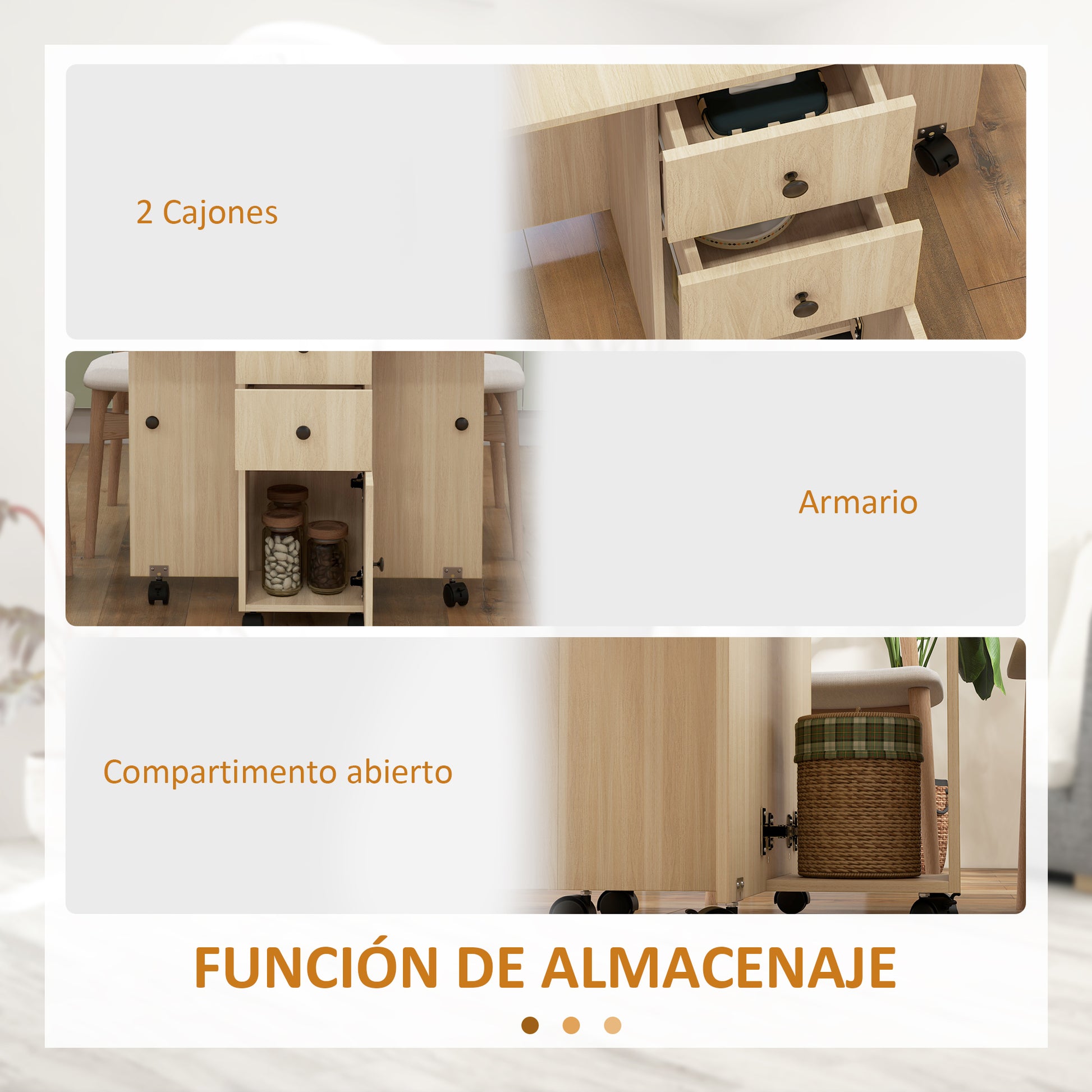 Folding Dining Table Kitchen Table with Wheels Foldable Wings Drawers and Cabinet for 4-6 People 120x60x76.5 cm Natural
