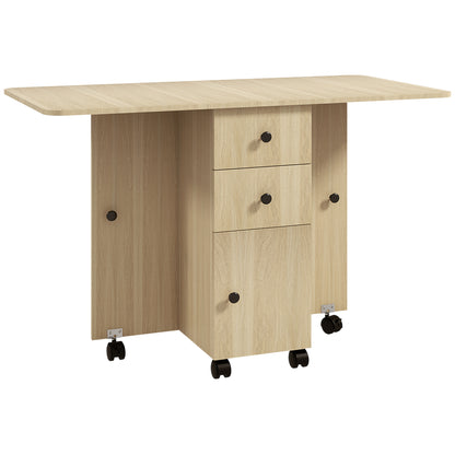 Folding Dining Table Kitchen Table with Wheels Foldable Wings Drawers and Cabinet for 4-6 People 120x60x76.5 cm Natural