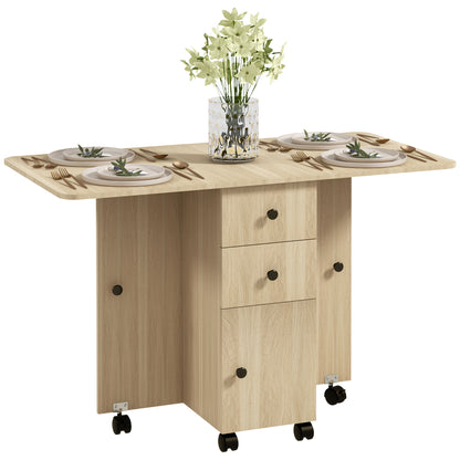 Folding Dining Table Kitchen Table with Wheels Foldable Wings Drawers and Cabinet for 4-6 People 120x60x76.5 cm Natural