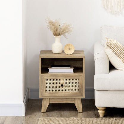 Bedside Table Nightstand Storage Cabinet with Drawer Rattan Cane Door and Vintage Design 45 x 39 x 56.5 cm