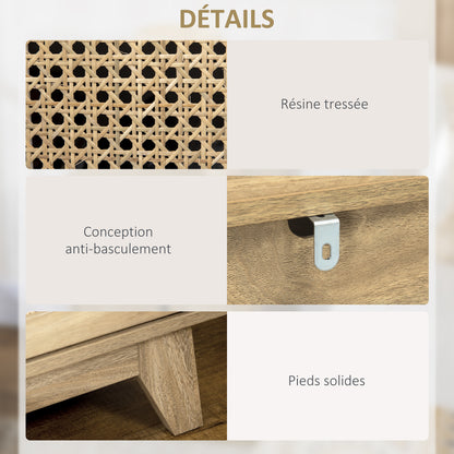 Bedside Table Nightstand Storage Cabinet with Drawer Rattan Cane Door and Vintage Design 45 x 39 x 56.5 cm