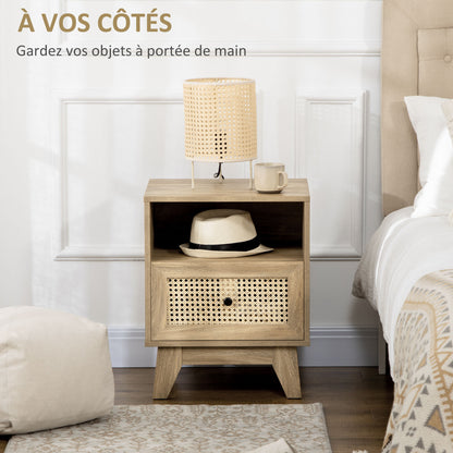 Bedside Table Nightstand Storage Cabinet with Drawer Rattan Cane Door and Vintage Design 45 x 39 x 56.5 cm