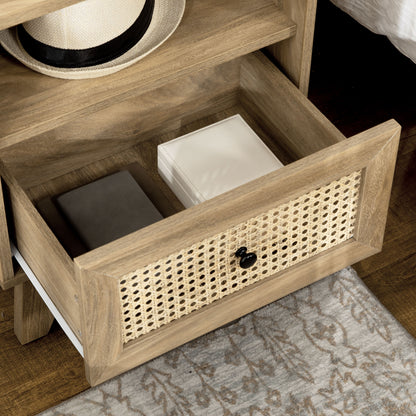 Bedside Table Nightstand Storage Cabinet with Drawer Rattan Cane Door and Vintage Design 45 x 39 x 56.5 cm