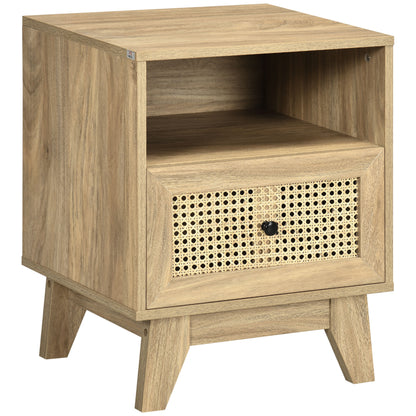 Bedside Table Nightstand Storage Cabinet with Drawer Rattan Cane Door and Vintage Design 45 x 39 x 56.5 cm