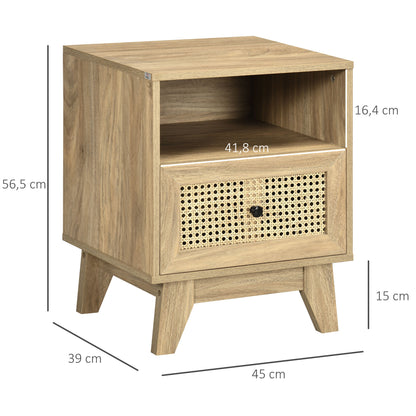 Bedside Table Nightstand Storage Cabinet with Drawer Rattan Cane Door and Vintage Design 45 x 39 x 56.5 cm