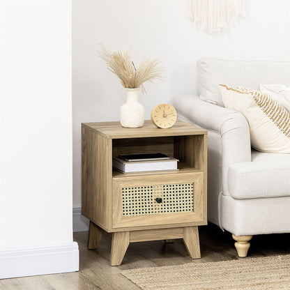 Bedside Table Nightstand Storage Cabinet with Drawer Rattan Cane Door and Vintage Design 45 x 39 x 56.5 cm