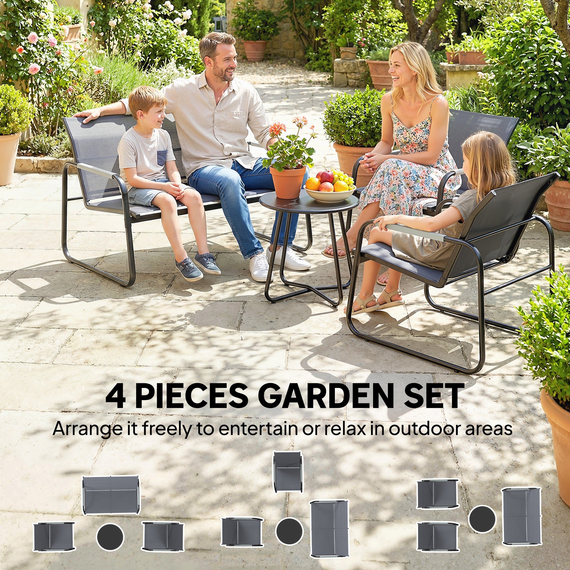 4-Piece Outdoor Patio Set for 4 — Breathable Garden Lounge with 2-Seat Sofa, 2 Armchairs, Woven Rope Round Table, Adjustable Feet, Weatherproof (Gray)