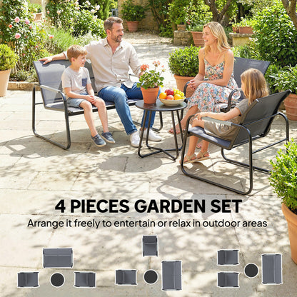 4-Piece Outdoor Patio Set for 4 — Breathable Garden Lounge with 2-Seat Sofa, 2 Armchairs, Woven Rope Round Table, Adjustable Feet, Weatherproof (Gray)
