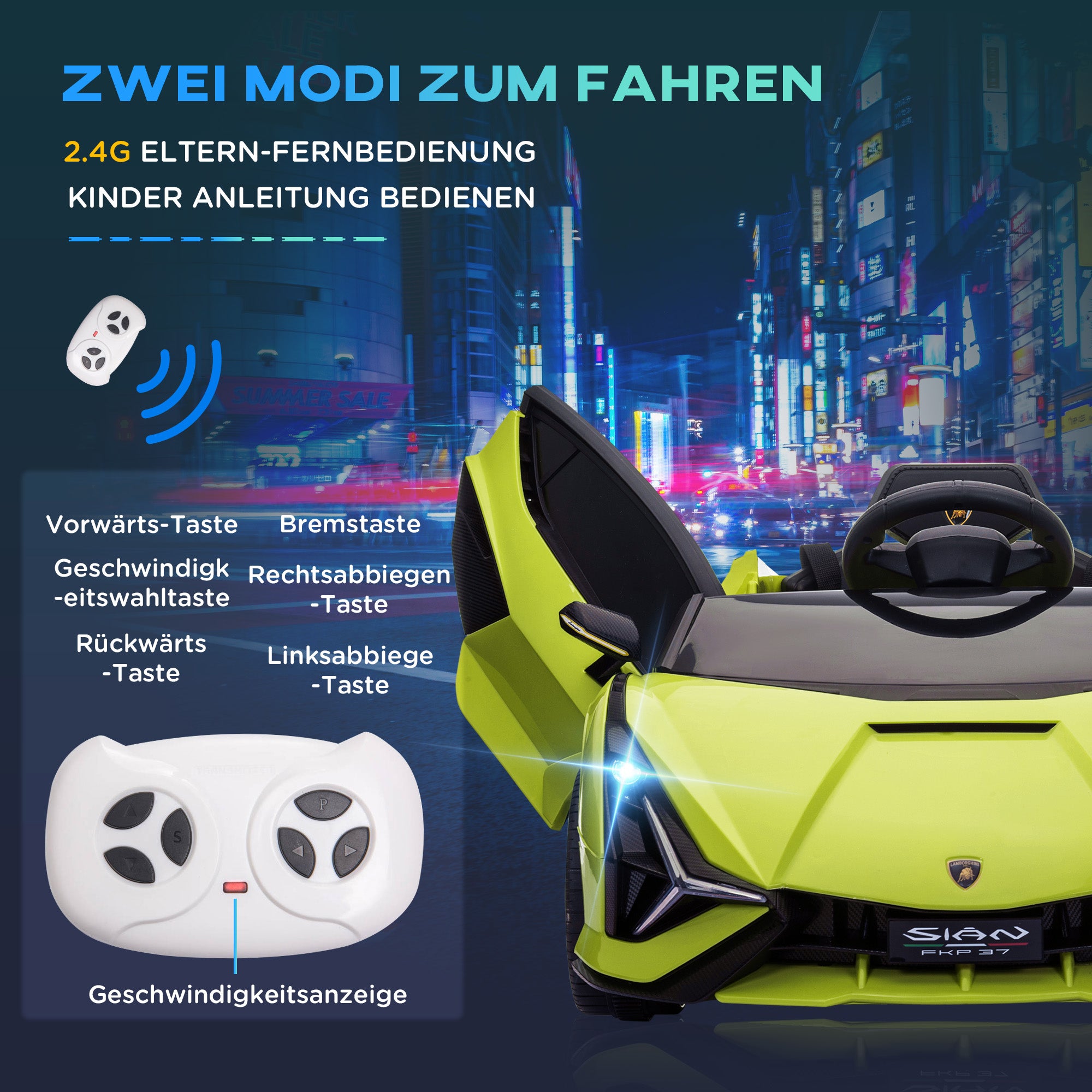 Kids Electric Car 12V 2 Driving Modes Lamborghini SIAN SUV Toy Electric Vehicle with Remote Control Music (MP3/USB) Light 3-5 Years Metal Green 108 x 62 x 40 cm
