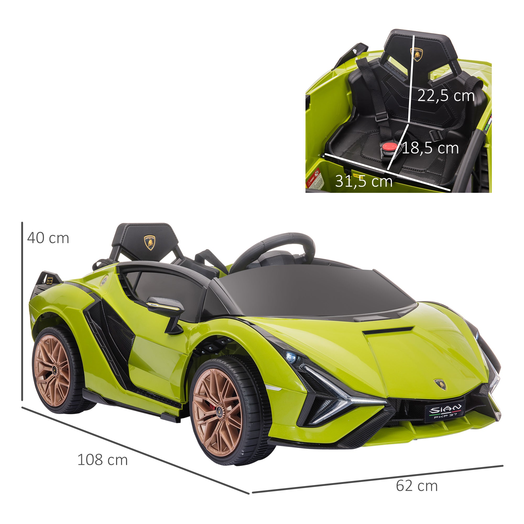 Kids Electric Car 12V 2 Driving Modes Lamborghini SIAN SUV Toy Electric Vehicle with Remote Control Music (MP3/USB) Light 3-5 Years Metal Green 108 x 62 x 40 cm