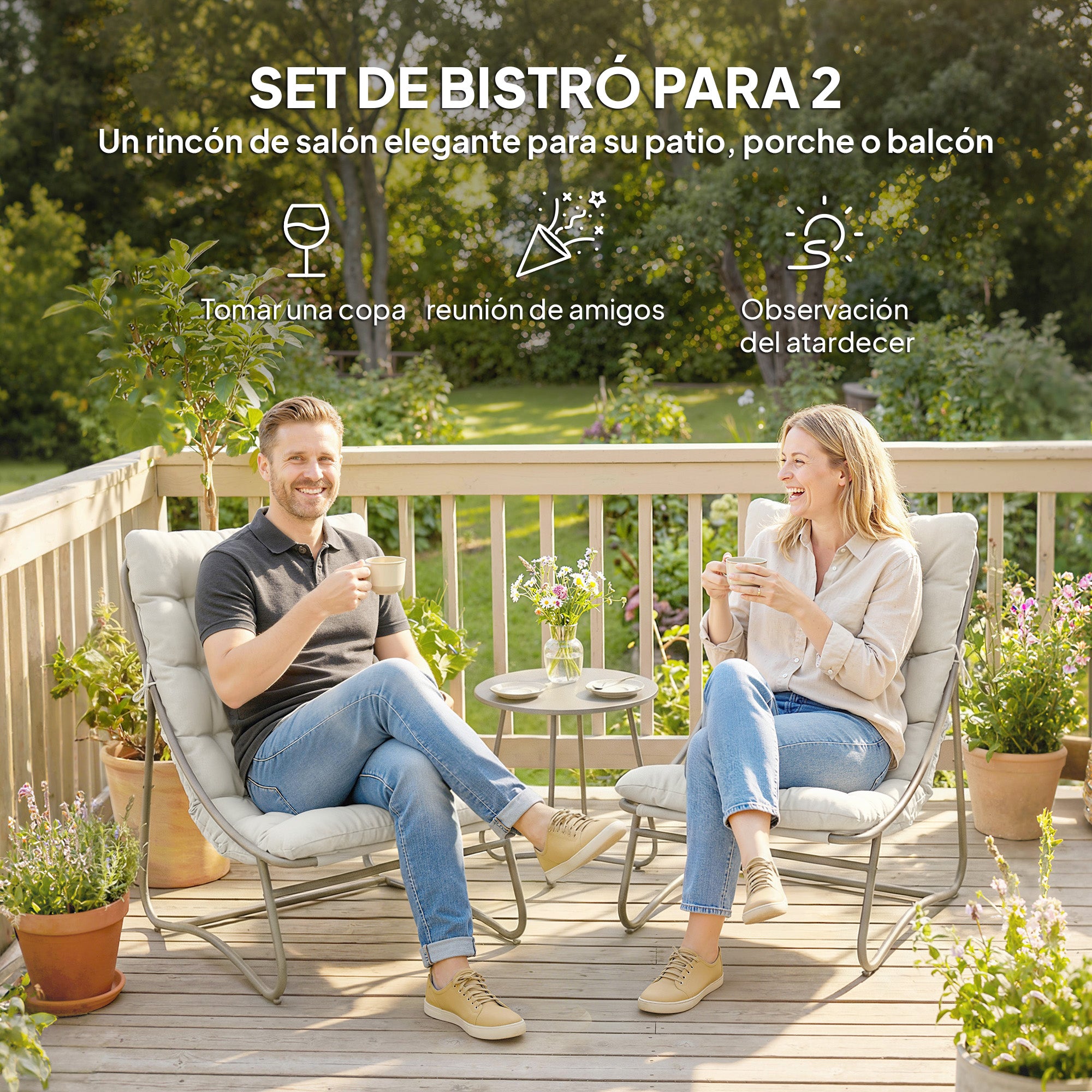 3-Piece Outdoor Bistro Set with Cushions — 2 Breathable Lounge Chairs & Round Coffee Table, Powder-Coated Galvanized Steel Frame, Light Gray