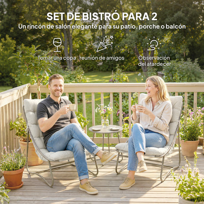 3-Piece Outdoor Bistro Set with Cushions — 2 Breathable Lounge Chairs & Round Coffee Table, Powder-Coated Galvanized Steel Frame, Light Gray