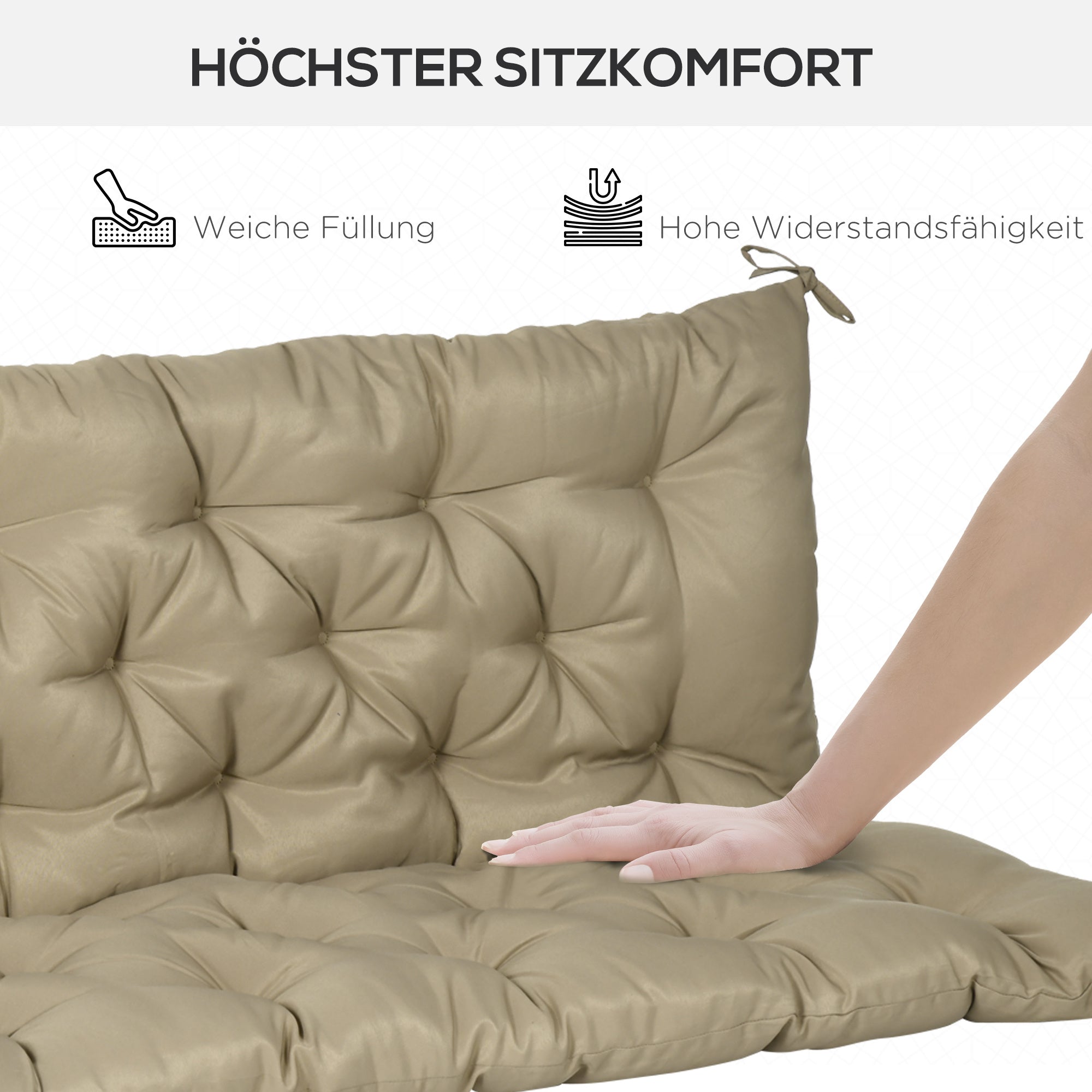 3 Seater Bench Cushion 150x98x8 cm, Bench Pad with Straps, Seat Cushion, Outdoor/Indoor Chair Cushion, Seat Padding, Seat Cushion for Garden Furniture, Window Seat Bench, Porch Swing, Khaki