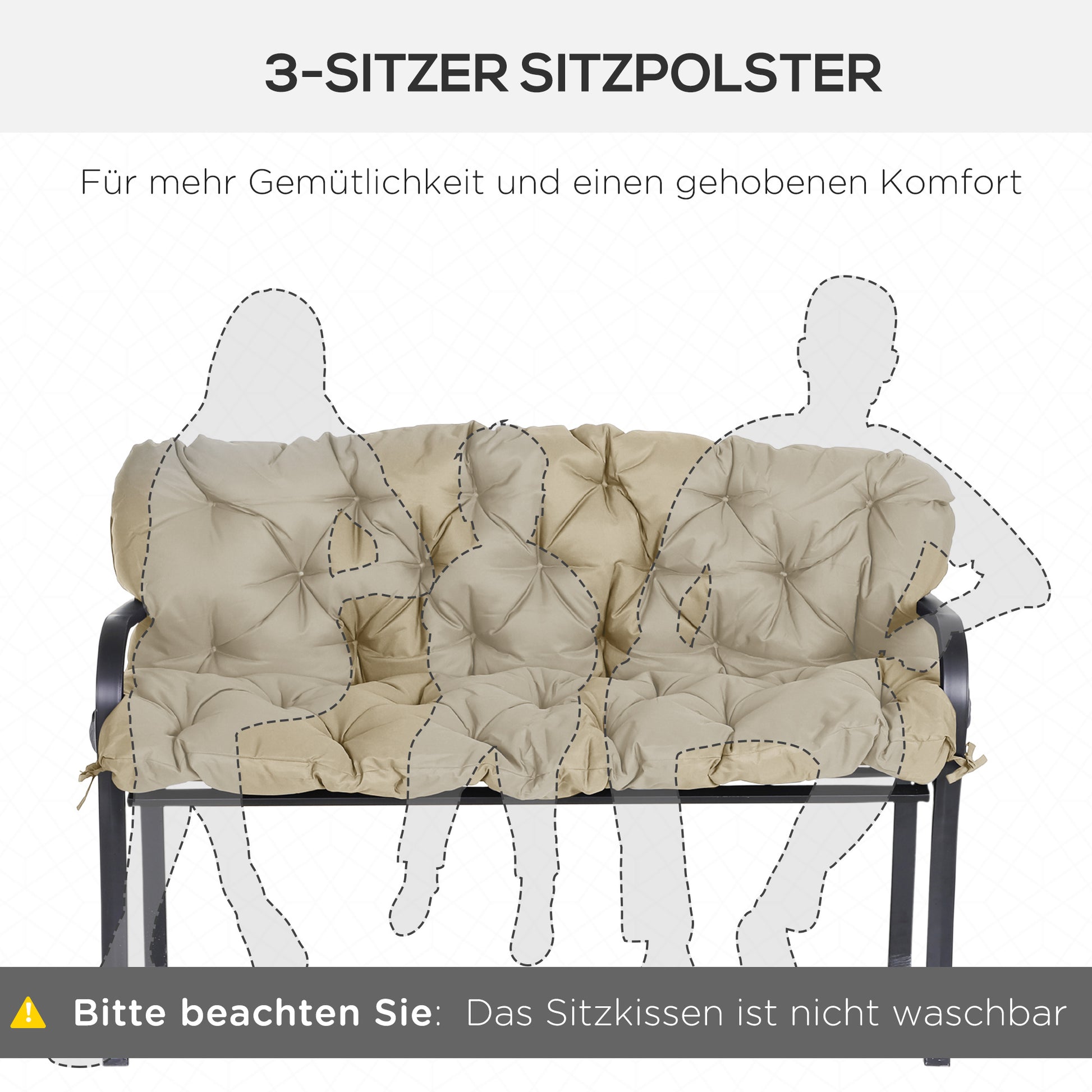 3 Seater Bench Cushion 150x98x8 cm, Bench Pad with Straps, Seat Cushion, Outdoor/Indoor Chair Cushion, Seat Padding, Seat Cushion for Garden Furniture, Window Seat Bench, Porch Swing, Khaki
