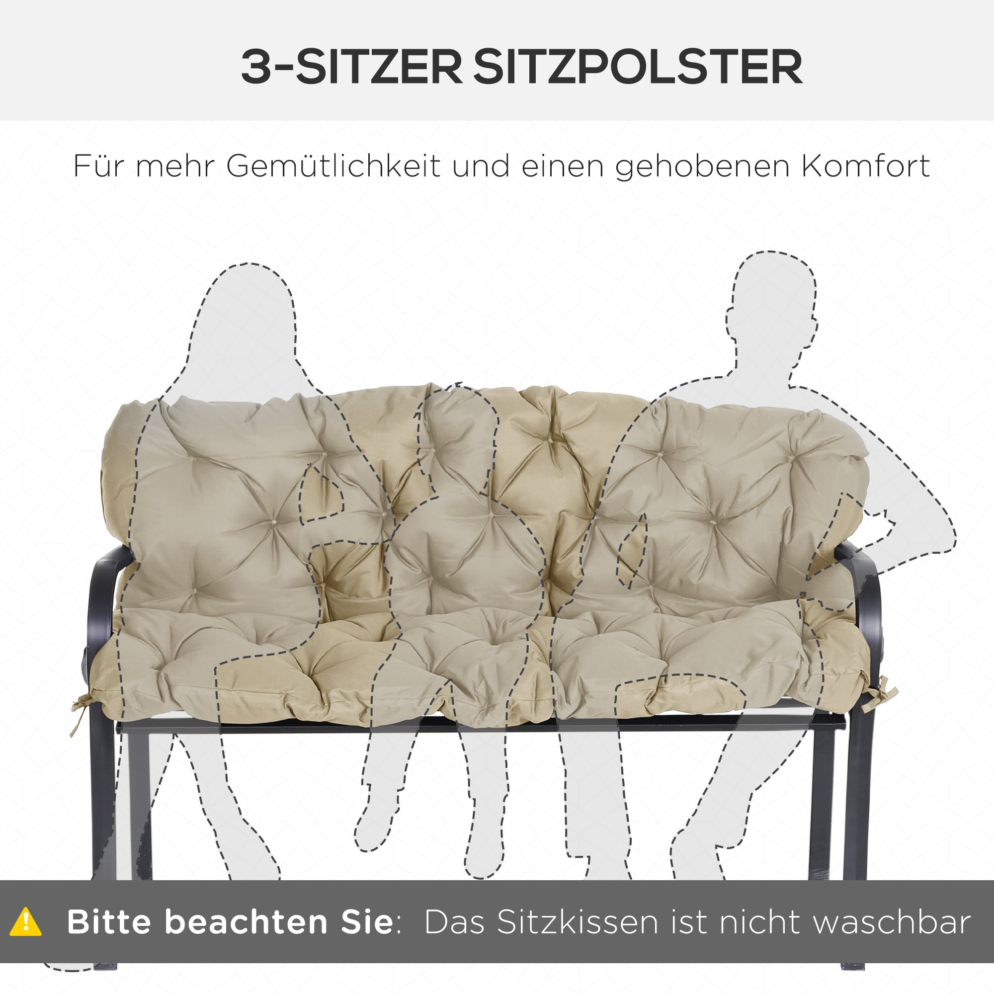3 Seater Bench Cushion 150x98x8 cm, Bench Pad with Straps, Seat Cushion, Outdoor/Indoor Chair Cushion, Seat Padding, Seat Cushion for Garden Furniture, Window Seat Bench, Porch Swing, Khaki