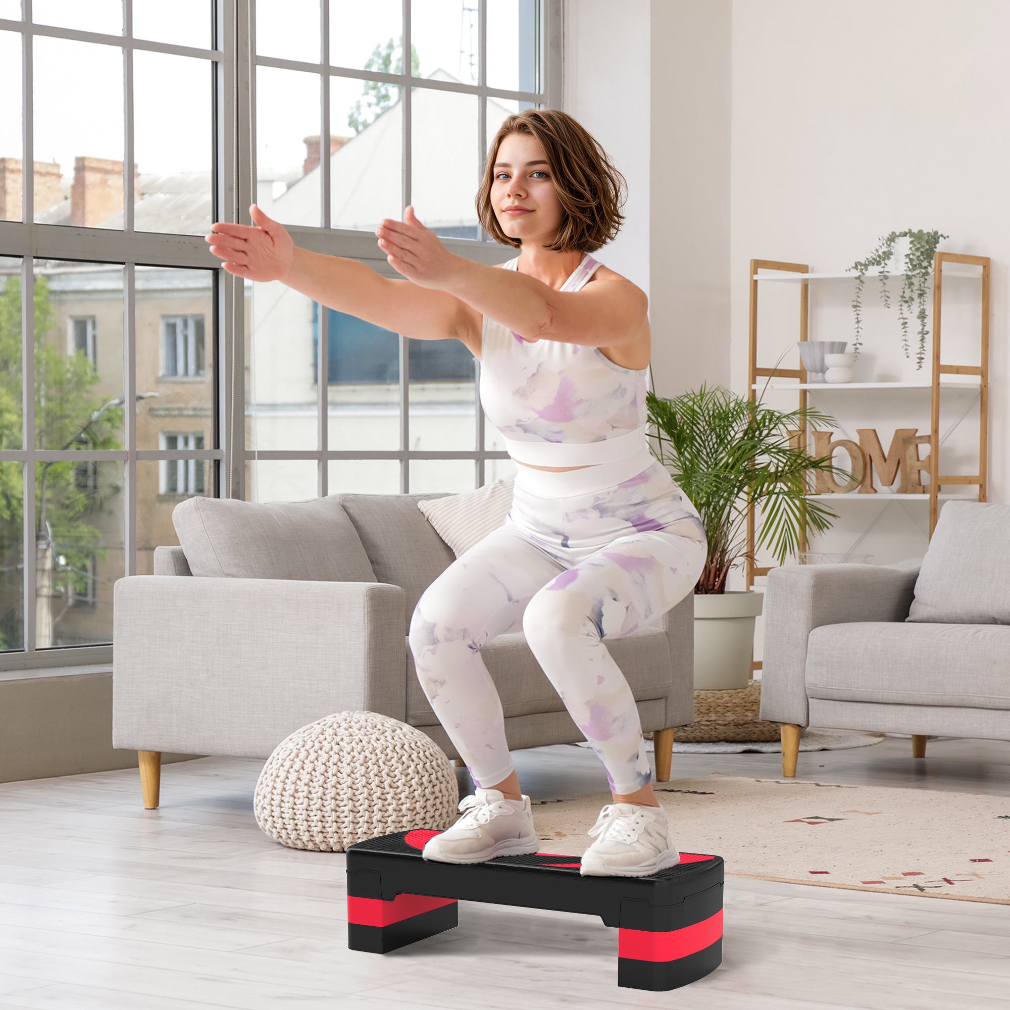 Step Board Aerobic Stepper adjustable in 3 levels (10/15/20 cm) Fitness Home Trainer for Indoor Outdoor Load Capacity up to 150 kg Red