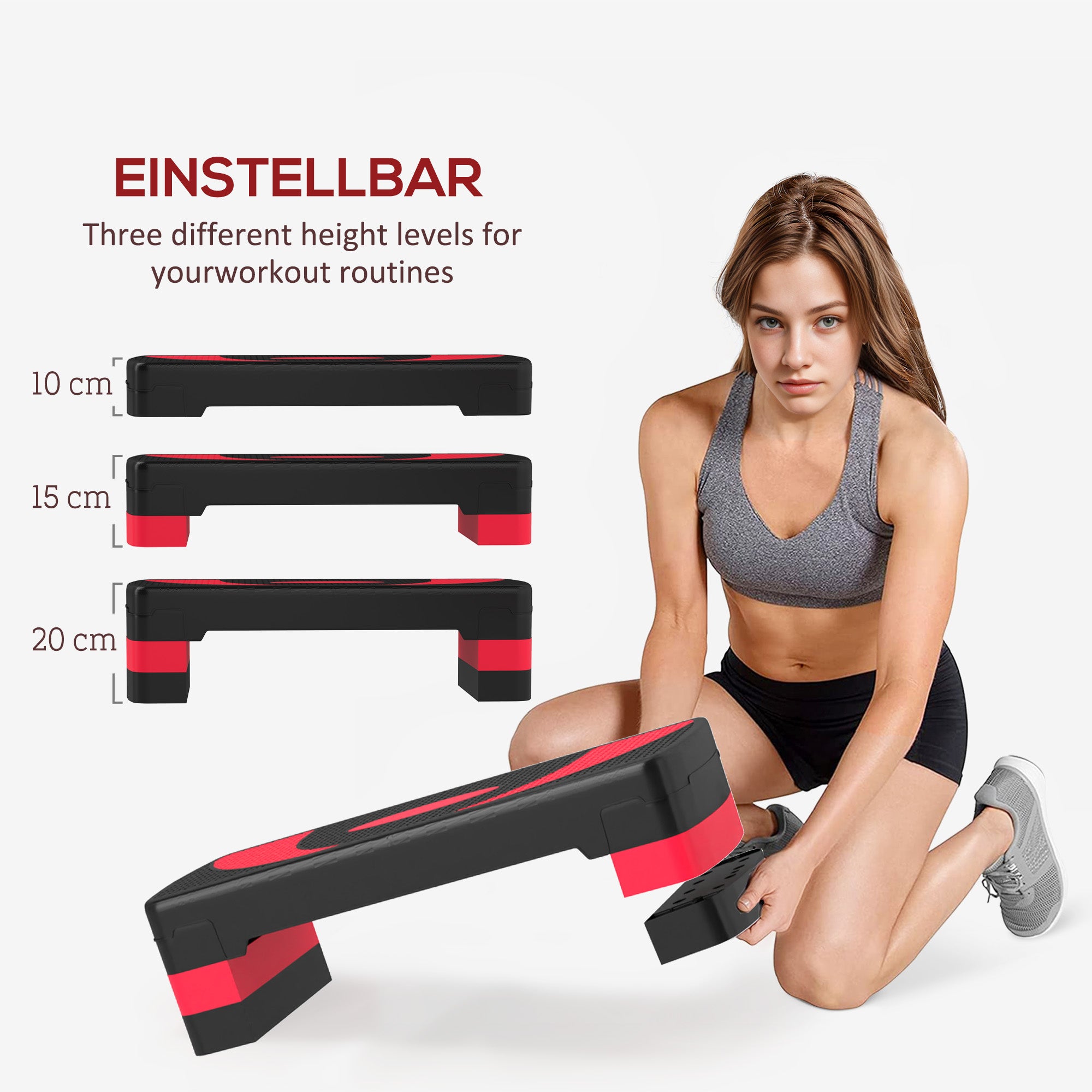 Step Board Aerobic Stepper adjustable in 3 levels (10/15/20 cm) Fitness Home Trainer for Indoor Outdoor Load Capacity up to 150 kg Red