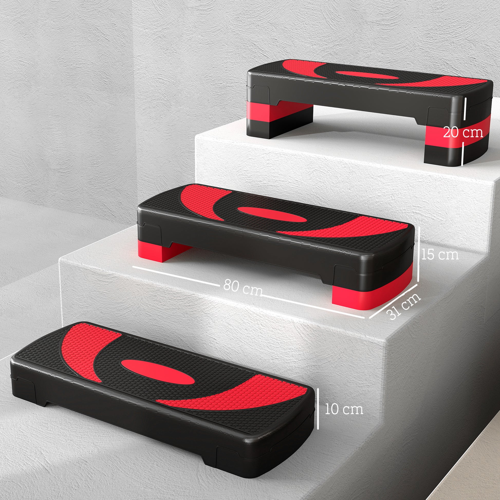 Step Board Aerobic Stepper adjustable in 3 levels (10/15/20 cm) Fitness Home Trainer for Indoor Outdoor Load Capacity up to 150 kg Red