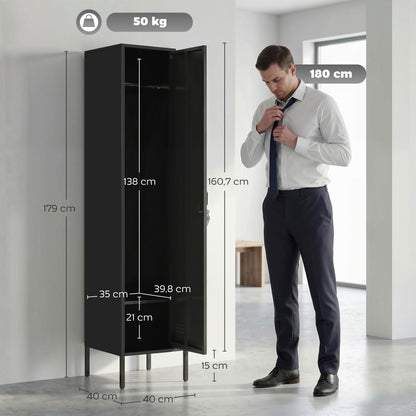 Steel Locker with Lock, Hanging Rail, Label Holder & Ventilated Door, 15.7 x 15.7 x 70.5 in, Black