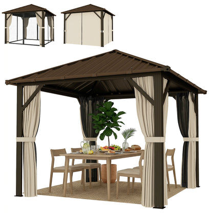 Garden Gazebo ~3 x 3 m Aluminum Gazebo with Steel Hardtop, Mosquito Nets & 4 Side Curtains, UPF50+, Water-Resistant, Stable Outdoor Pergola with Ceiling Hook for Garden & Patio, Brown