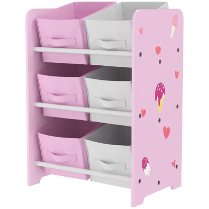Children's Bookshelf for Children 3+ Years Toy Shelf with 6 Removable Non-Woven Fabric Boxes Toy Organizer for Bedroom Nursery 43x30x60 cm Pink