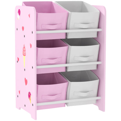 Children's Bookshelf for Children 3+ Years Toy Shelf with 6 Removable Non-Woven Fabric Boxes Toy Organizer for Bedroom Nursery 43x30x60 cm Pink