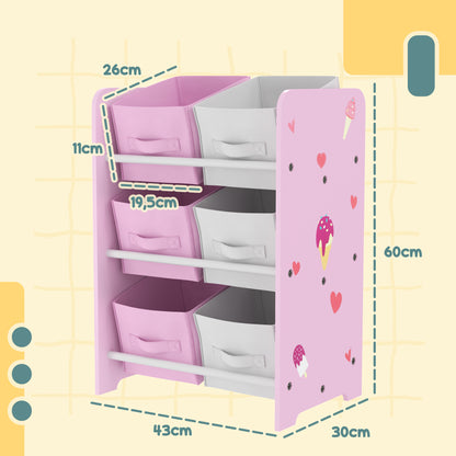 Children's Bookshelf for Children 3+ Years Toy Shelf with 6 Removable Non-Woven Fabric Boxes Toy Organizer for Bedroom Nursery 43x30x60 cm Pink