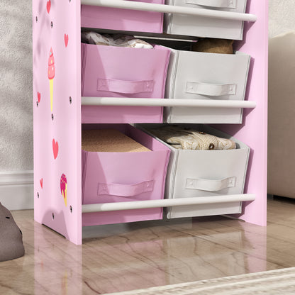 Children's Bookshelf for Children 3+ Years Toy Shelf with 6 Removable Non-Woven Fabric Boxes Toy Organizer for Bedroom Nursery 43x30x60 cm Pink