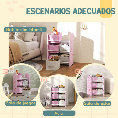 Children's Bookshelf for Children 3+ Years Toy Shelf with 6 Removable Non-Woven Fabric Boxes Toy Organizer for Bedroom Nursery 43x30x60 cm Pink