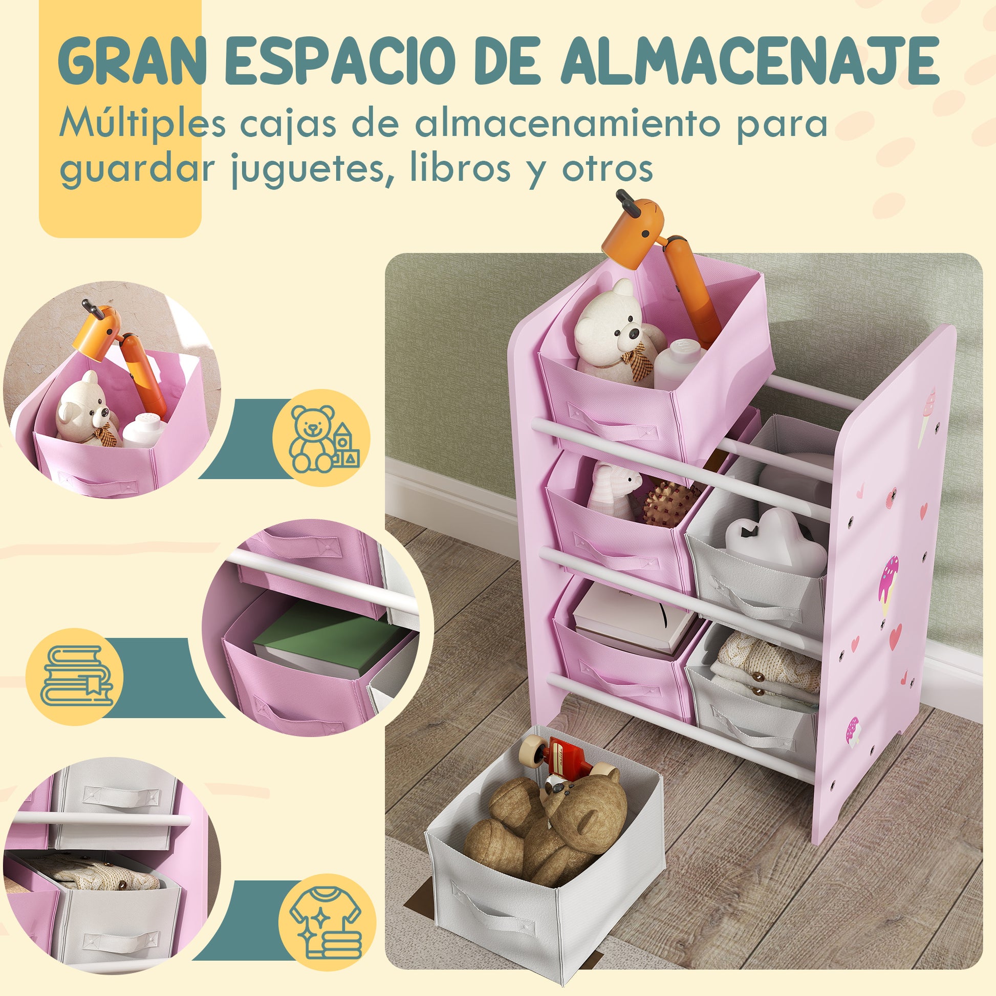 Children's Bookshelf for Children 3+ Years Toy Shelf with 6 Removable Non-Woven Fabric Boxes Toy Organizer for Bedroom Nursery 43x30x60 cm Pink