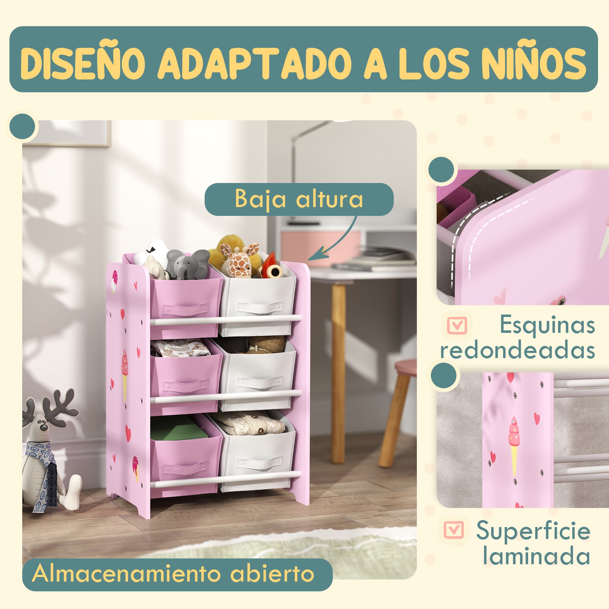 Children's Bookshelf for Children 3+ Years Toy Shelf with 6 Removable Non-Woven Fabric Boxes Toy Organizer for Bedroom Nursery 43x30x60 cm Pink