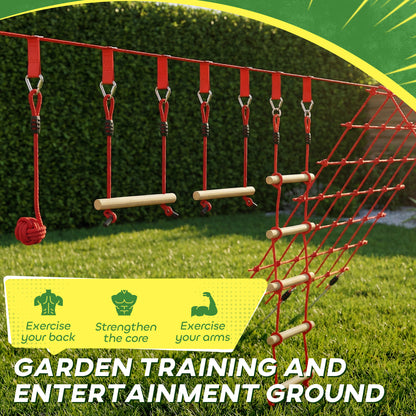 Ninja Line Kids 33 ft (10 m) Slackline Play Set — Rings, Swing, Ladder & Climbing Net — Outdoor Playset for Ages 3–6, Red