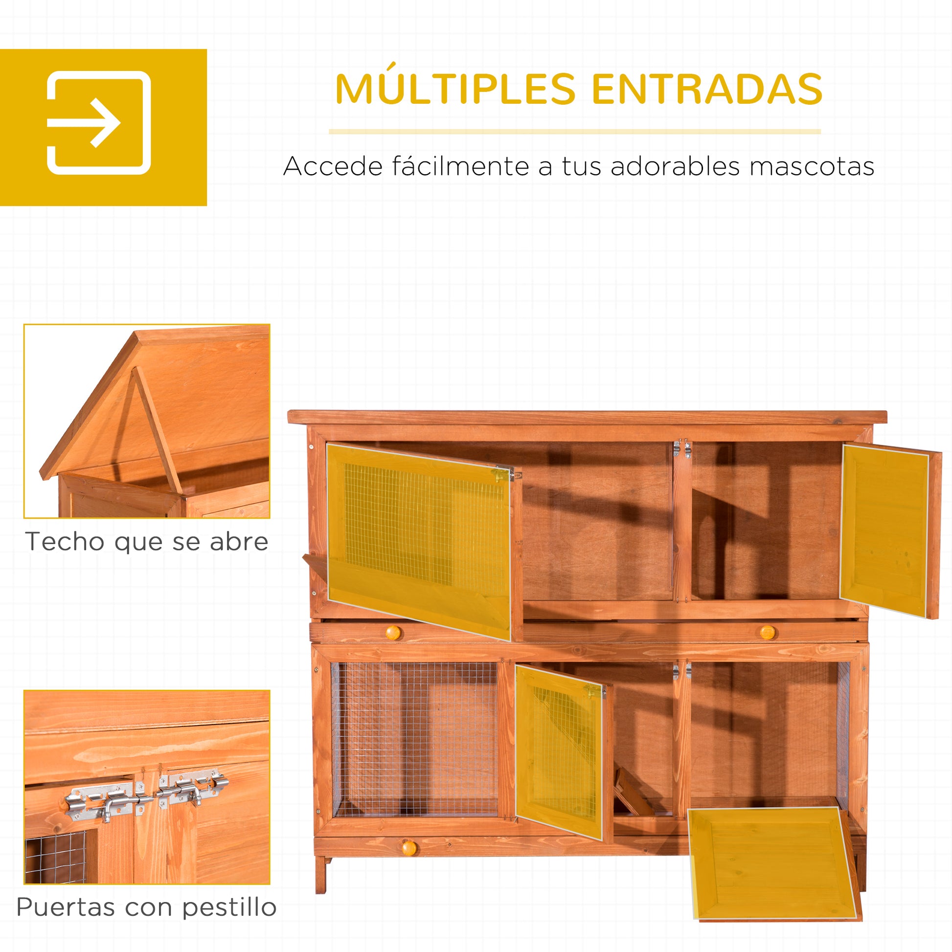2-Story Outdoor Wooden Rabbit Hutch with Openable Asphalt Roof Ramp Doors and 2 Removable Trays 120x48x100 cm Natural Wood