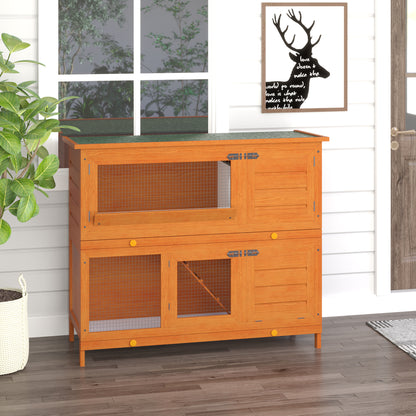 2-Story Outdoor Wooden Rabbit Hutch with Openable Asphalt Roof Ramp Doors and 2 Removable Trays 120x48x100 cm Natural Wood