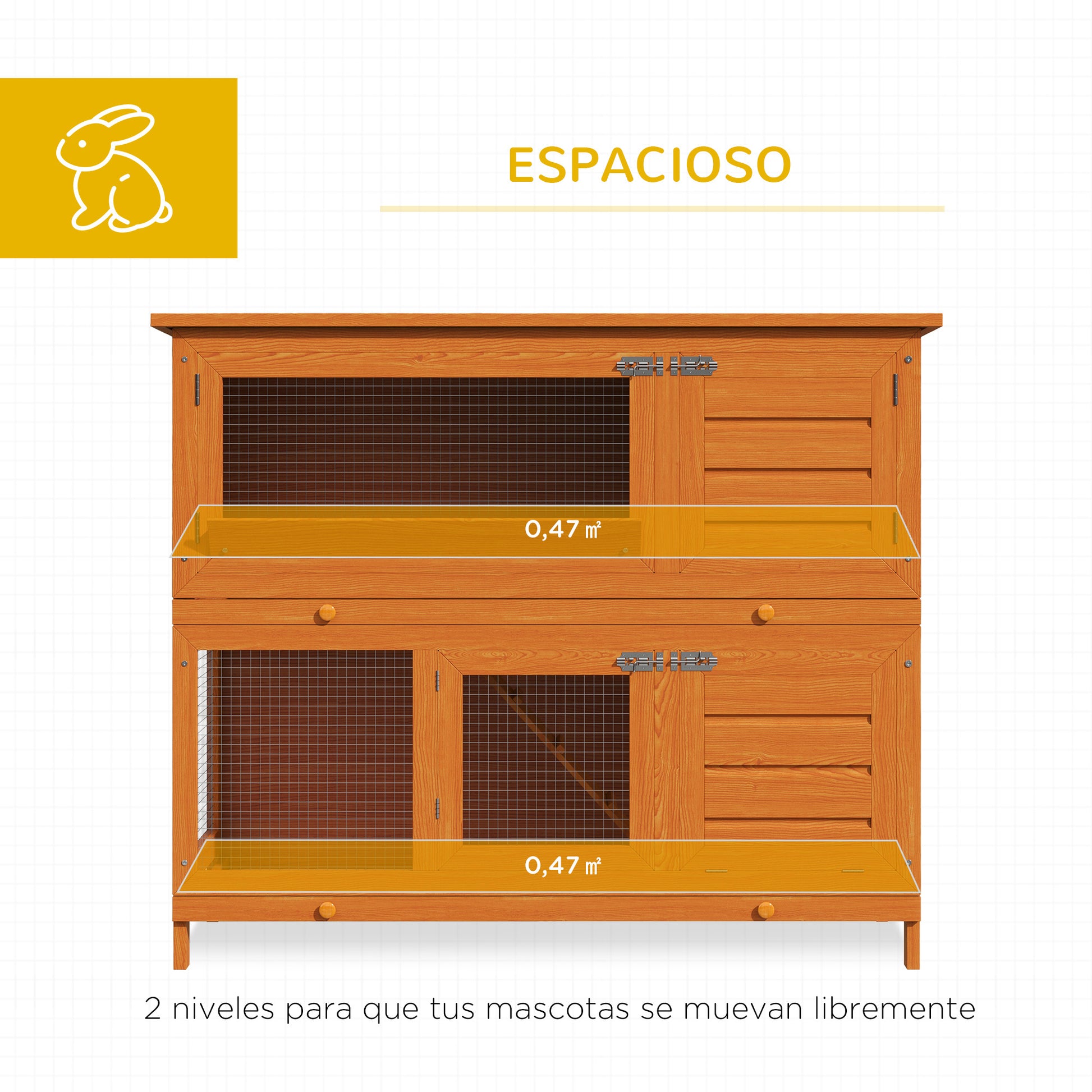 2-Story Outdoor Wooden Rabbit Hutch with Openable Asphalt Roof Ramp Doors and 2 Removable Trays 120x48x100 cm Natural Wood
