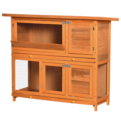 2-Story Outdoor Wooden Rabbit Hutch with Openable Asphalt Roof Ramp Doors and 2 Removable Trays 120x48x100 cm Natural Wood