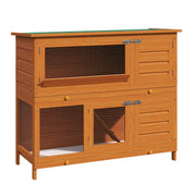 2-Story Outdoor Wooden Rabbit Hutch with Openable Asphalt Roof Ramp Doors and 2 Removable Trays 120x48x100 cm Natural Wood