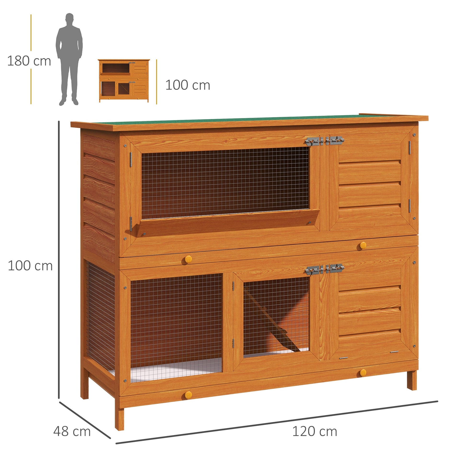 2-Story Outdoor Wooden Rabbit Hutch with Openable Asphalt Roof Ramp Doors and 2 Removable Trays 120x48x100 cm Natural Wood