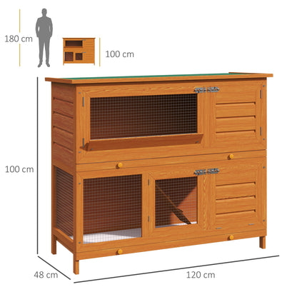 2-Story Outdoor Wooden Rabbit Hutch with Openable Asphalt Roof Ramp Doors and 2 Removable Trays 120x48x100 cm Natural Wood