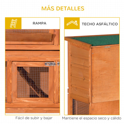 2-Story Outdoor Wooden Rabbit Hutch with Openable Asphalt Roof Ramp Doors and 2 Removable Trays 120x48x100 cm Natural Wood